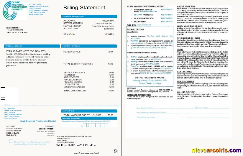 USA Clark Regional Wastewater District utility bill, 2 pages